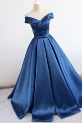 V Neck Off The Shoulder Long Satin Semi Formal Prom Dresses Ball Gowns